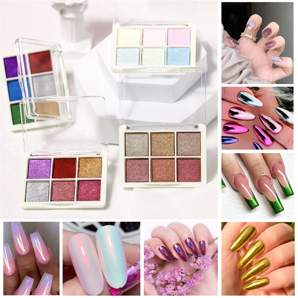 Conjunto de pó para unhas de cromo sólido 6 em 1