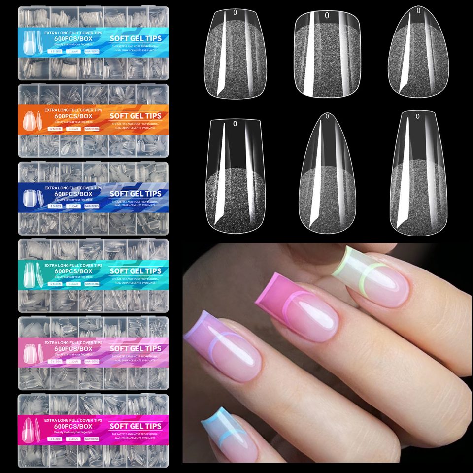 600 unidades de pontas de unhas com cobertura completa de gel macio